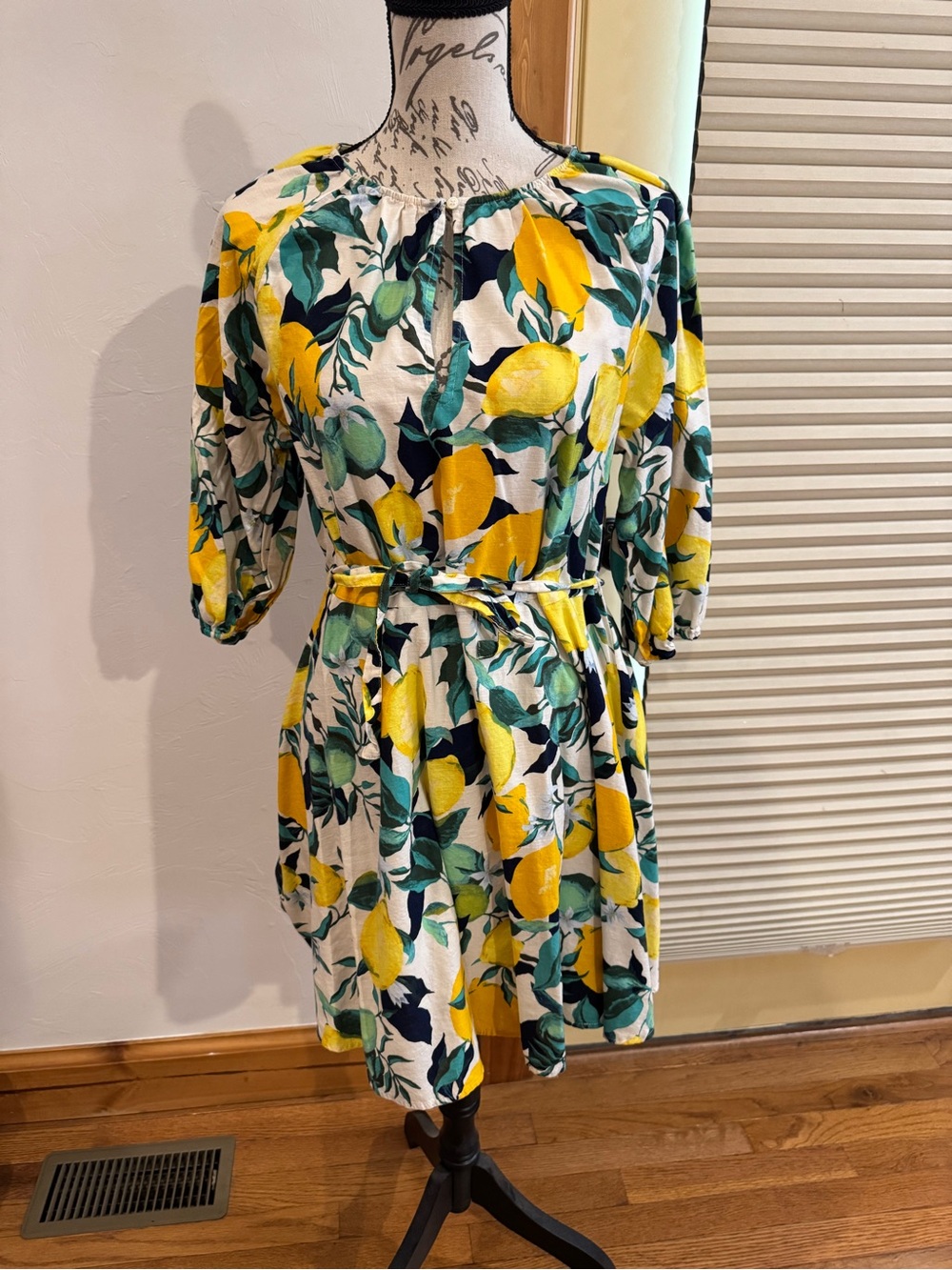 H&M White Midi Dress with Yellow Lemon & Green Leaf Print